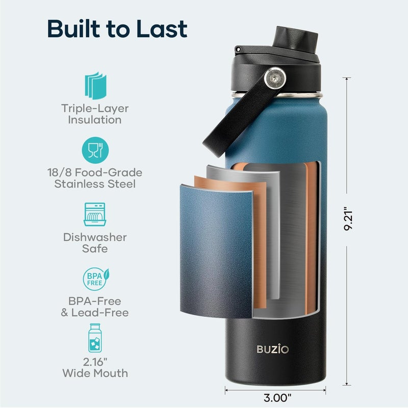 BUZIO Insulated Water Bottle with Straw Lid and Flex Cap, 22oz Modern Double Vacuum Stainless Steel Water Flask, Cold for 48 Hrs Hot for 24 Hrs Simple Thermo Canteen Mug, Indigo Black - Image 4